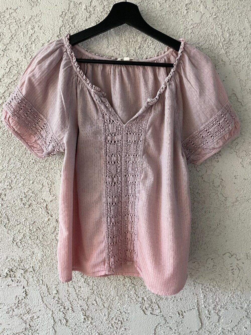 Lucky Brand Pink Cotton Gauze Crochet Lace Boho Peasant Blouse M